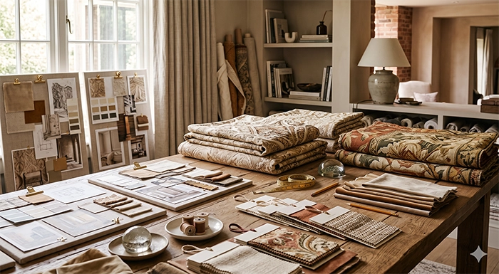 Luxury bespoke textile design studio with fabric swatches and sample collections.