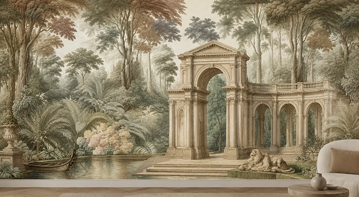 Classical architectural wall fabric mural for luxury interiors.