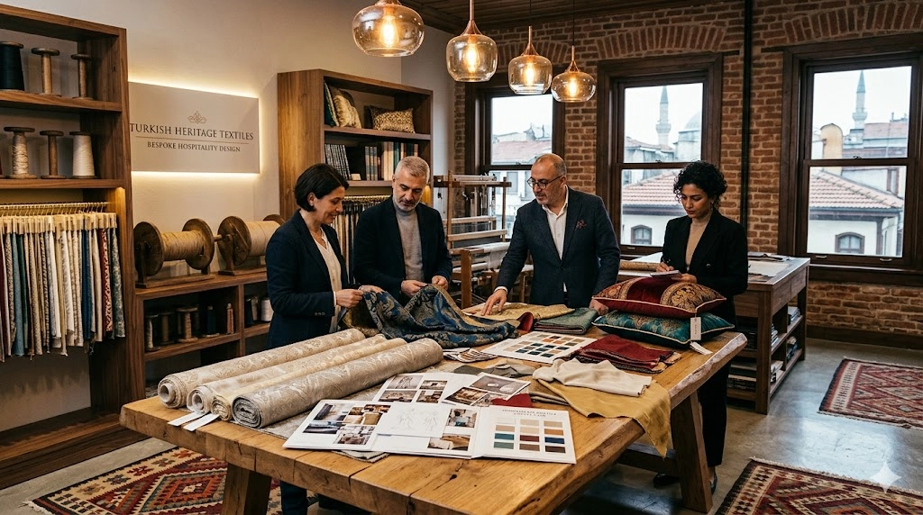 Designers reviewing premium hospitality fabrics and bespoke textile collections at the NILSTAR textile studio.