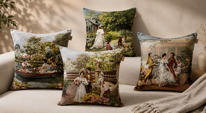 Luxury gobelin cushions arranged in an elegant interior setting.