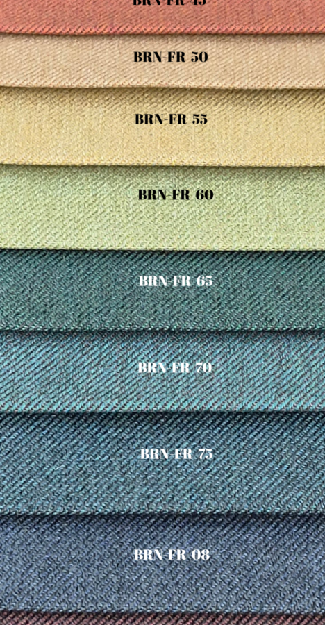 Burn FR Crib 5 upholstery fabric colour card with fabric series codes by Nilstar®.