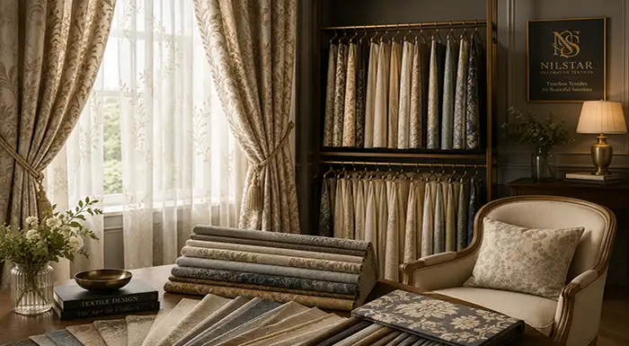 Luxury curtain fabrics with elegant drapery and premium decorative textiles for hospitality and residential interiors.