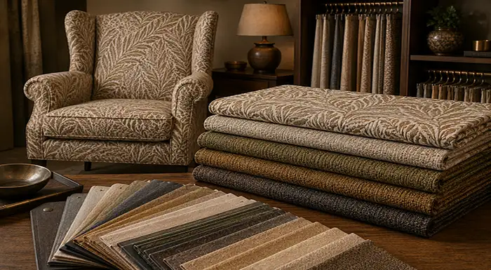 Luxury upholstery fabrics with premium fabric swatches and upholstered armchair for hospitality and residential interiors.