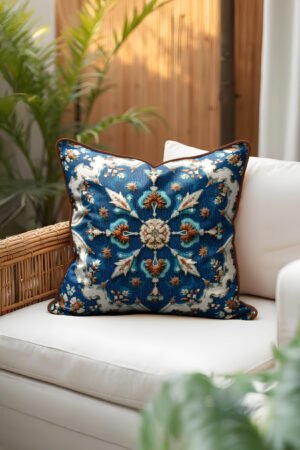 Ottoman Blue Patterned Leather Piped Luxurious Pillow cover 45 x 45 cm 1 PIECE(S) ( DBKRL05 )