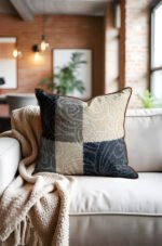 Classic Grey Navy Pattern Luxury Leather-Piped Cushion Cover, 45x45cm (DBKRL09)