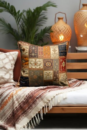 Moroccan Patchwork Patterned Leather Piped Luxurious Pillow cover 45 x 45 cm 1 PIECE(S) ( DBKRL12 )
