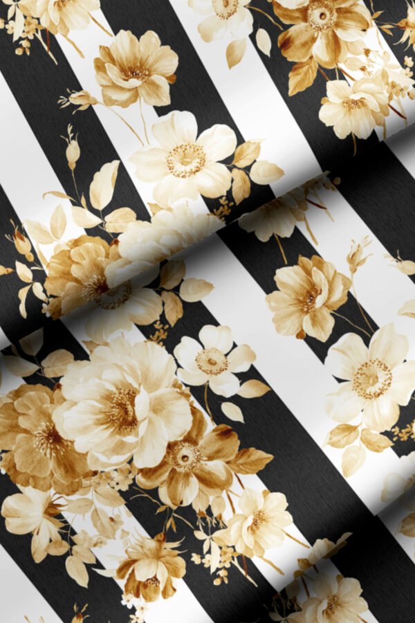 Yellow Modern Striped Floral Pattern Upholstery Fabric by Nilstar®