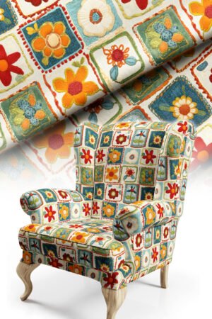 Abstract Floral Square Patterned Cotton-backed Thick rachel-knit Upholstery fabric 140cm width ( FBR 121 )