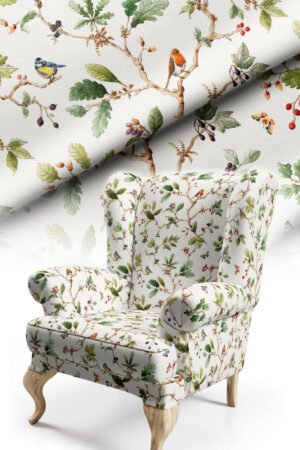 Bird Patterned Watercolor Detailed Cotton-backed Thick rachel-knit Upholstery fabric 140cm width ( FBR 129 )