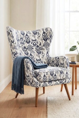 Blue Ikat Patterned Abstract With motifs Cotton-backed Thick rachel-knit Upholstery fabric 140cm width ( FBR 149 )