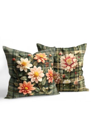 Floral Green Plaid Patterned Double-sided Babyface Pillow cover 2-piece set KRL 304