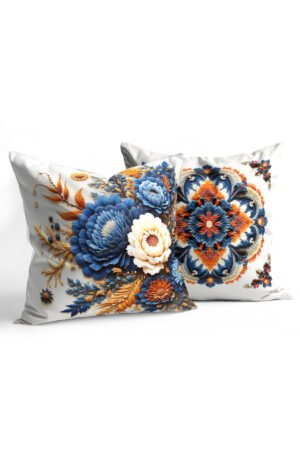 White Background Blue Floral Patterned Double-sided Babyface Pillow cover 2-piece set KRL 312