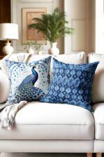 Blue And White Peacock Pattern Reversible Babyface Cushion Cover, Set of 2