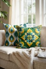 Yellow And Green Knit Pattern Reversible Babyface Cushion Cover, Set of 2