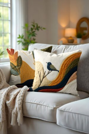 Embroidery Look Bird Patterned Double-sided Babyface Pillow cover 2-piece set