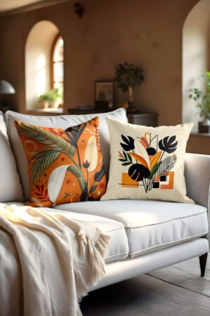 Orange and Cream Patterned Leaf Detailed Double-sided Babyface Pillow cover 2-piece set