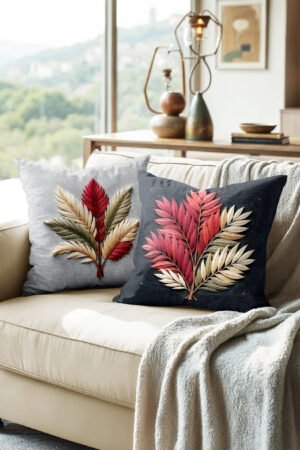 Gray and Smoke gray Color Pink Leaf Detailed Double-sided Babyface Pillow cover 2-piece set