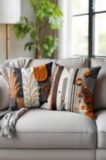 Modern Smoke Grey And Orange Pattern Reversible Babyface Cushion Cover, Set of 2