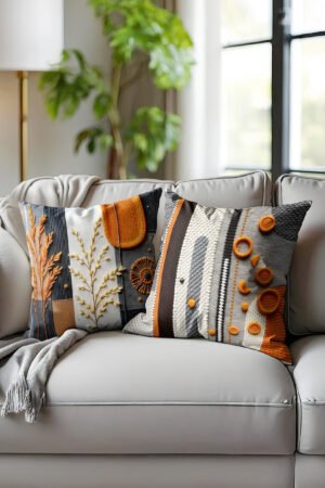 Smoke gray Modern-patterned Orange Detailed Double-sided Babyface Pillow cover 2-piece set
