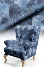 Denim Pocket Patchwork Patterned Cotton-backed Thick rachel-knit Upholstery fabric 140cm width ( POP 10 )