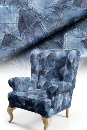 Denim Pocket Patchwork Patterned Cotton-backed Thick rachel-knit Upholstery fabric 140cm width ( POP 10 )
