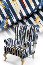 Blue Striped Parrot Patterned Cotton-backed Thick rachel-knit Upholstery fabric 140cm width ( POP 38 )