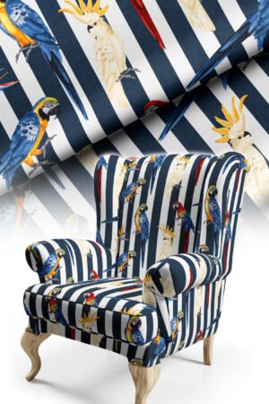 Blue Striped Parrot Patterned Cotton-backed Thick rachel-knit Upholstery fabric 140cm width ( POP 38 )