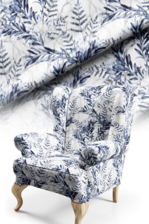 Blue Leaf Patterned Cotton-backed Thick rachel-knit Upholstery fabric 140cm width ( POP 42 BLUE )
