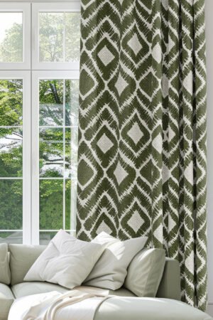 Woven Effect Geometric Patterned Green Digitally-printed Blackout curtain - 140 x 270 cm
