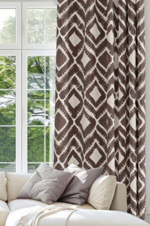 Woven Effect Geometric Patterned brown Digitally-printed Blackout curtain - 140 x 270 cm