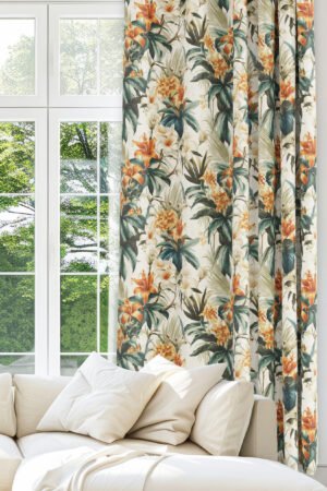 Tropical Floral Patterned Orange Green Colorful Digitally-printed Blackout curtain - 140 x 270 cm