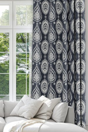 Classic Damask Patterned Navy blue Modern Blackout curtain - 140 x 270 cm