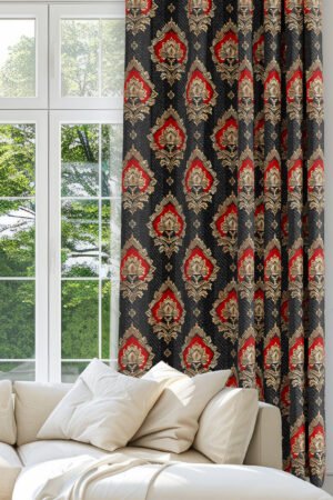 Classic Jacquard Patterned Red Detailed Digitally-printed Blackout curtain - 140 x 270 cm