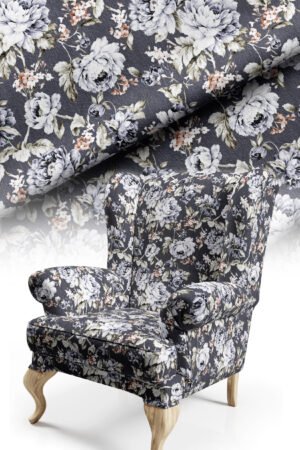 Classic Floral Patterned Digitally-printed Cotton-backed Thick rachel-knit Upholstery fabric 140cm width ( ROSE SMOKE GRAY )