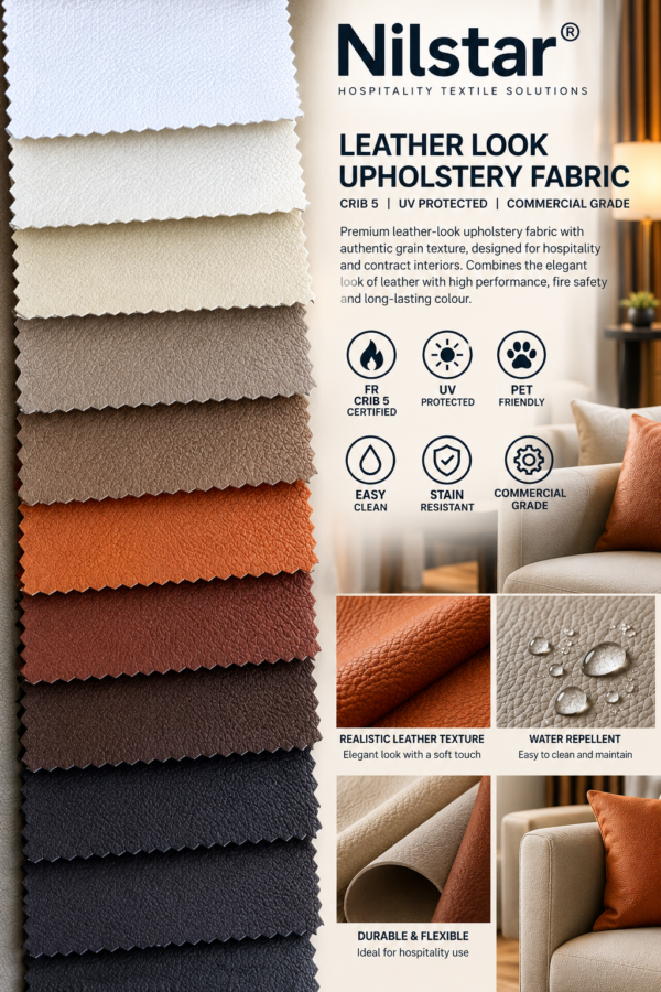 Crib 5 FR and UV resistant leather-look upholstery fabric for contract and hospitality interiors.