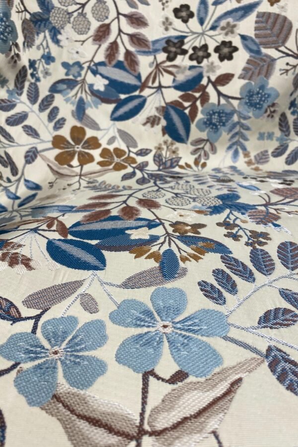 Blue Floral Jacquard Upholstery Fabric – Woven Botanical Fabric for Curtains, Cushions & Chairs
