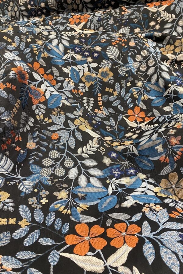 Dark Floral Jacquard Upholstery Fabric by the Metre – Botanical Pattern for Chairs, Cushions & Curtains