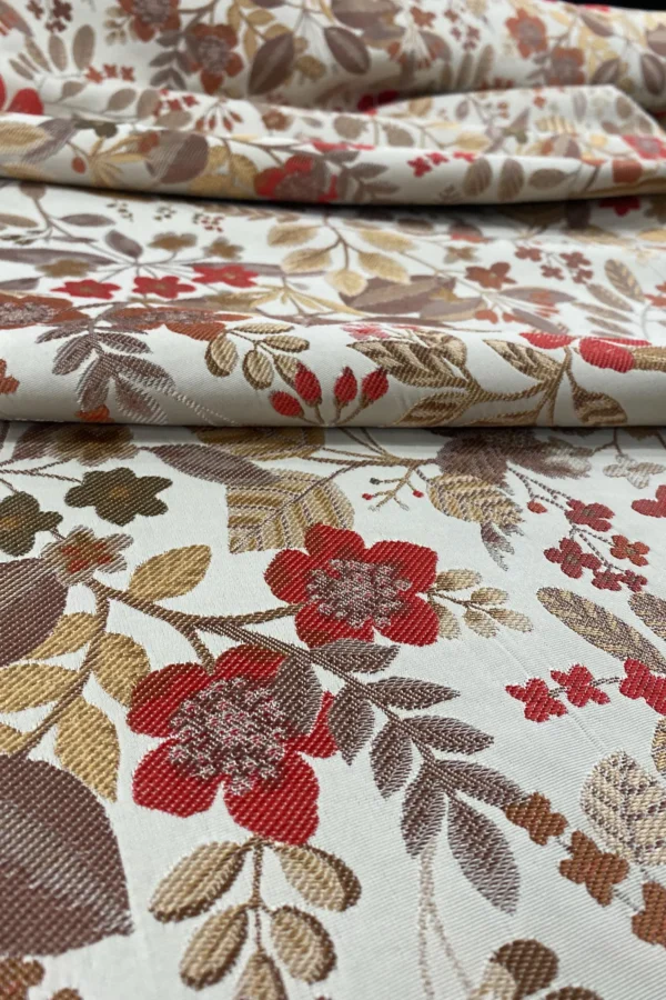 Floral Jacquard Satin Upholstery Fabric in Earthy Brown and Rust Tones