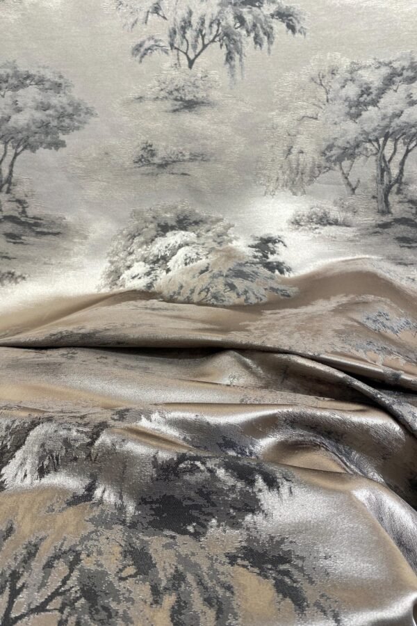 Silver Tree Jacquard Upholstery Fabric – Scenic Satin Weave for Curtains, Cushions & Furniture | Nilstar®