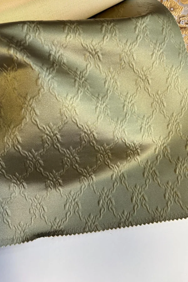Olive Green Gold Jacquard Upholstery Fabric – Textured Satin Fabric for Sofas, Chairs & Curtains | Nilstar®
